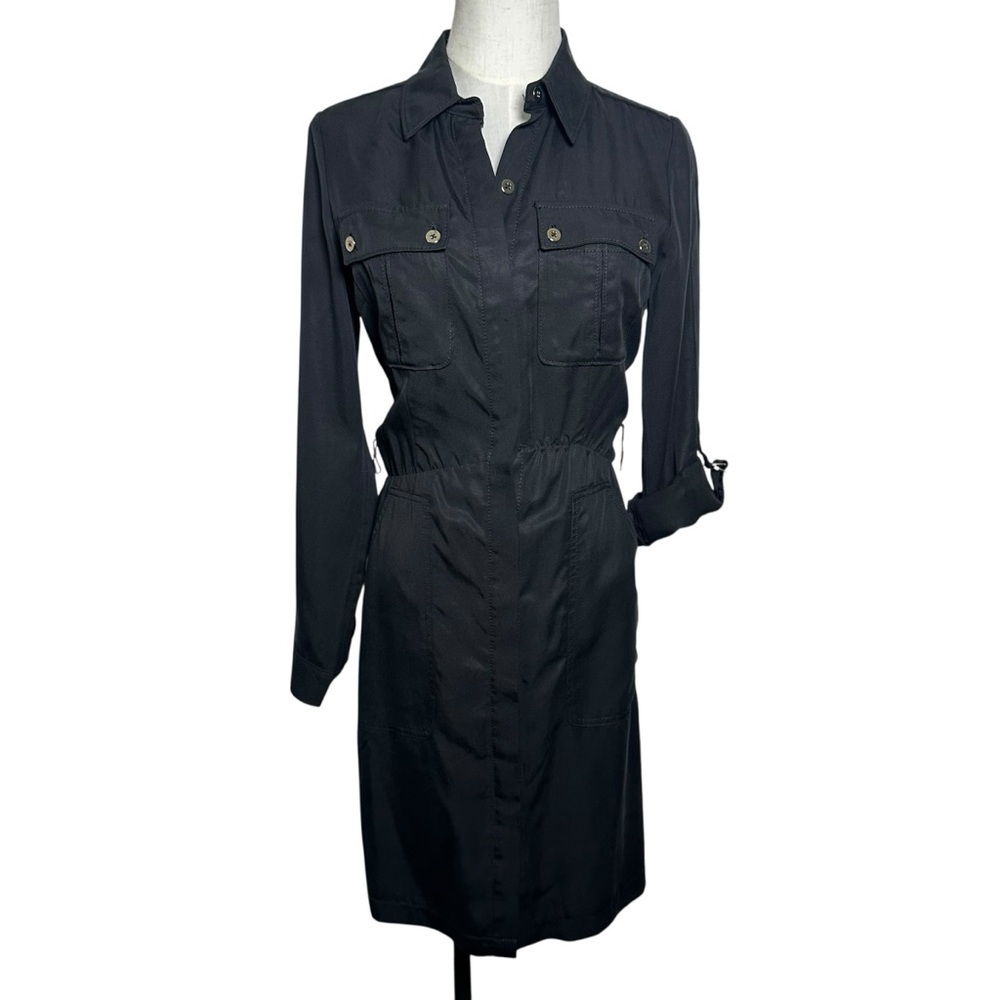 White House Black Market Long Sleeve Twill Shirt Dress Sz 00 Black Lyocell LBD